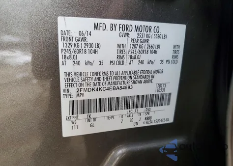 2014 Ford Edge Limited from USA, damaged, VIN 2FMDK4KC4EBA84593
